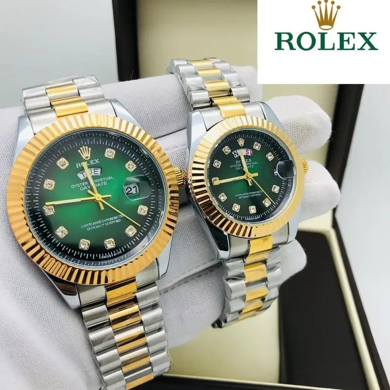 silver chain gold ring green dial