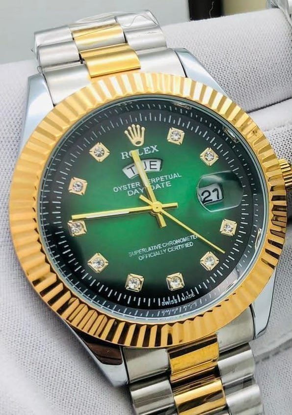 SILVER CHAIN GOLD RING GREEN DIAL