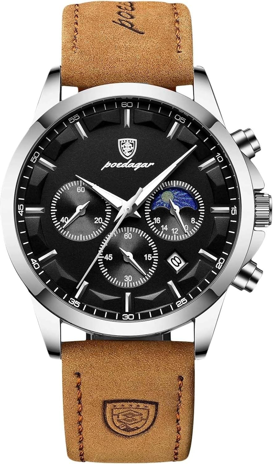 Brown strap silver ring with black dial