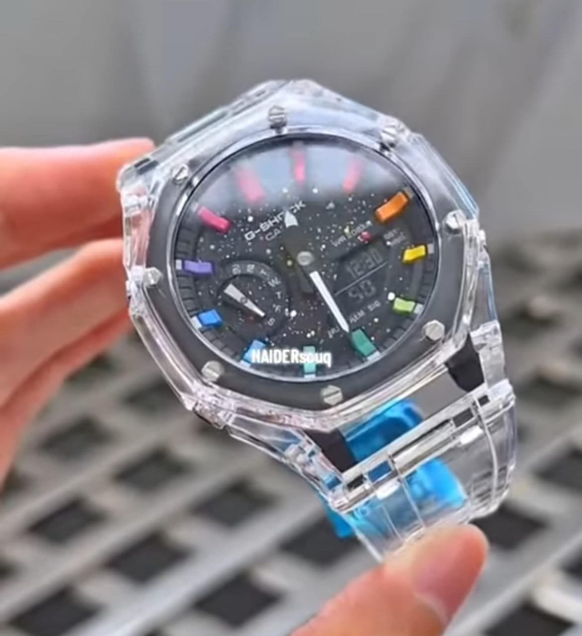 Clear Srap Black dial with multiple colors numbers