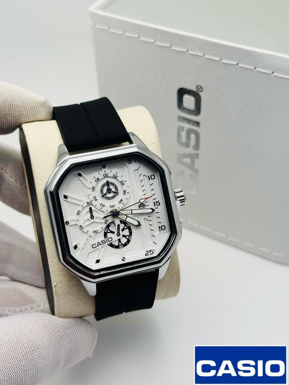Black strap silver ring white dial